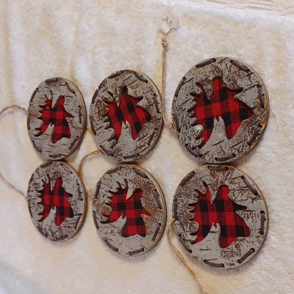 Birch Bark Moose Rustic Lodge Oraments Buffalo plaid Christmas 🎄